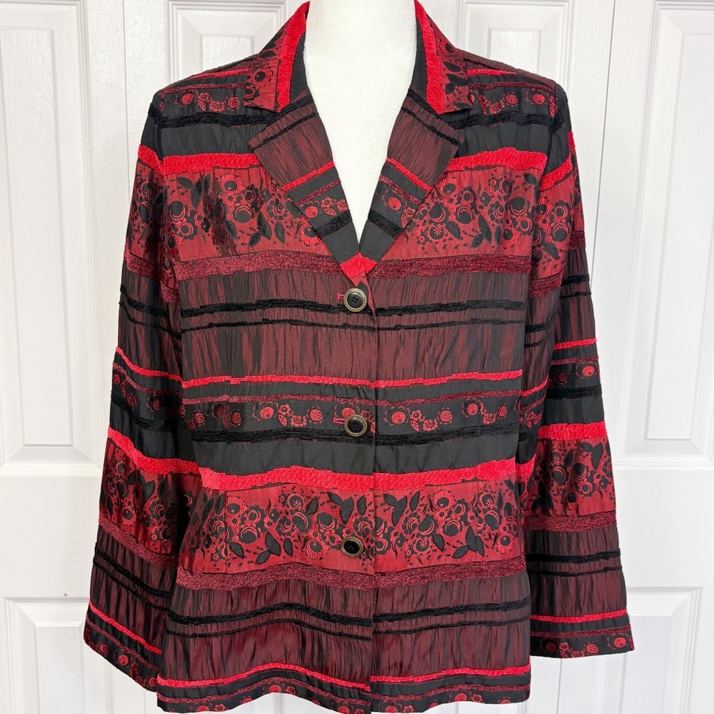 Christopher & Banks Black Red Rose Floral Mixed Media Blazer Jacket XL